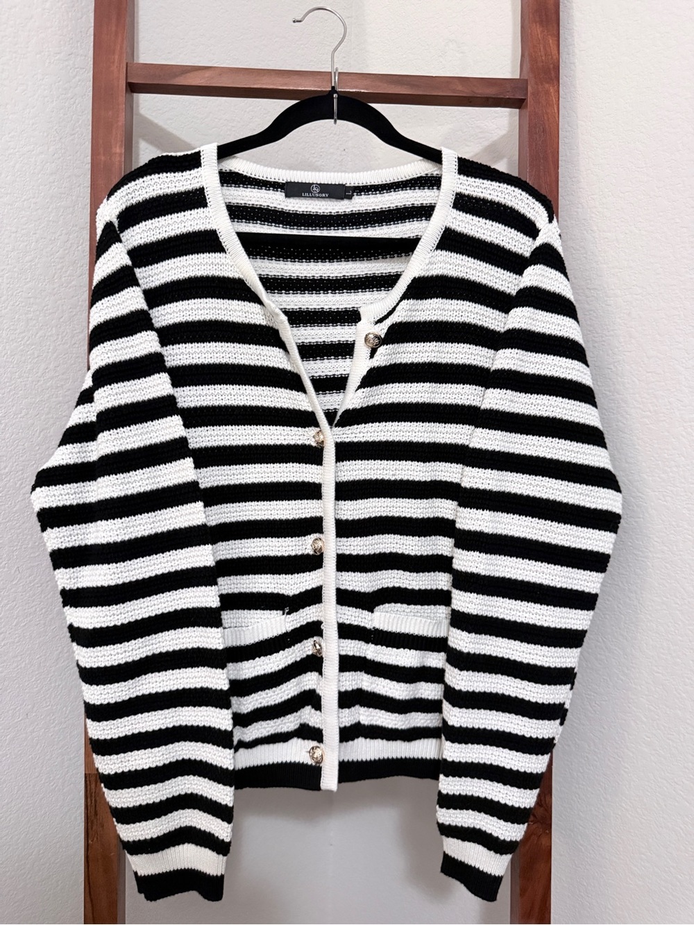 Striped Black & White Button-Front Cardigan Sweater